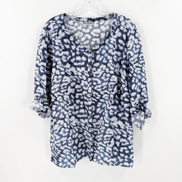 JM Collection Blue Leopard Linen Blend Button Up Blouse Women's Size XL - Picture 1 of 8